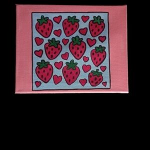 Handpainted Strawberries and Hearts Handmade Art Wall Decor 8x10"